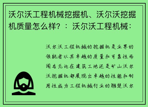 沃尔沃工程机械挖掘机、沃尔沃挖掘机质量怎么样？：沃尔沃工程机械：挖掘机的领航者